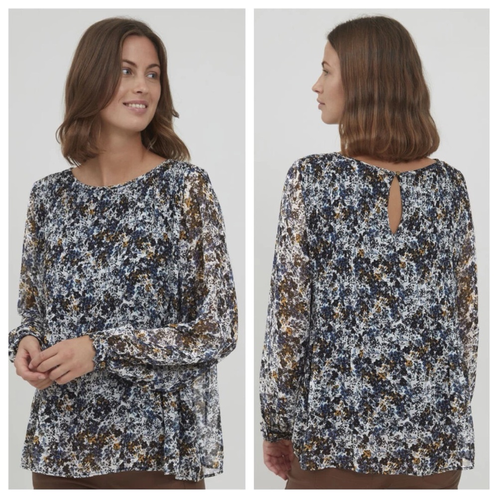 Fransa sz L Japlisse Peasant Tunic Blouse Blue Flower Mix Pleated Sheer Sleeves